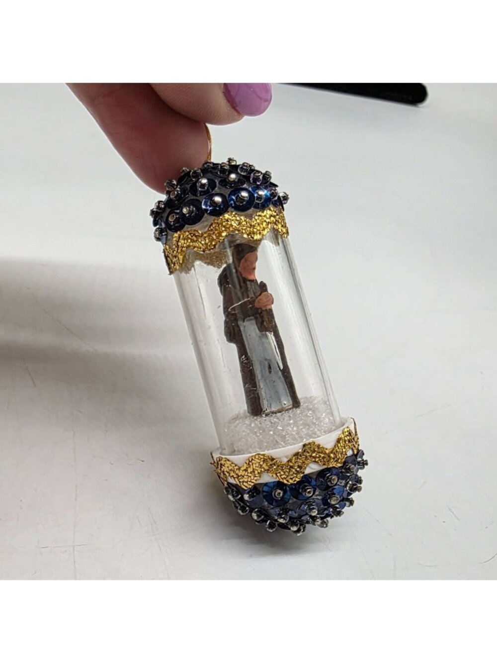 Beaded Sequin Old Woman Ornament Saint Figure In Clear Capsule 3"